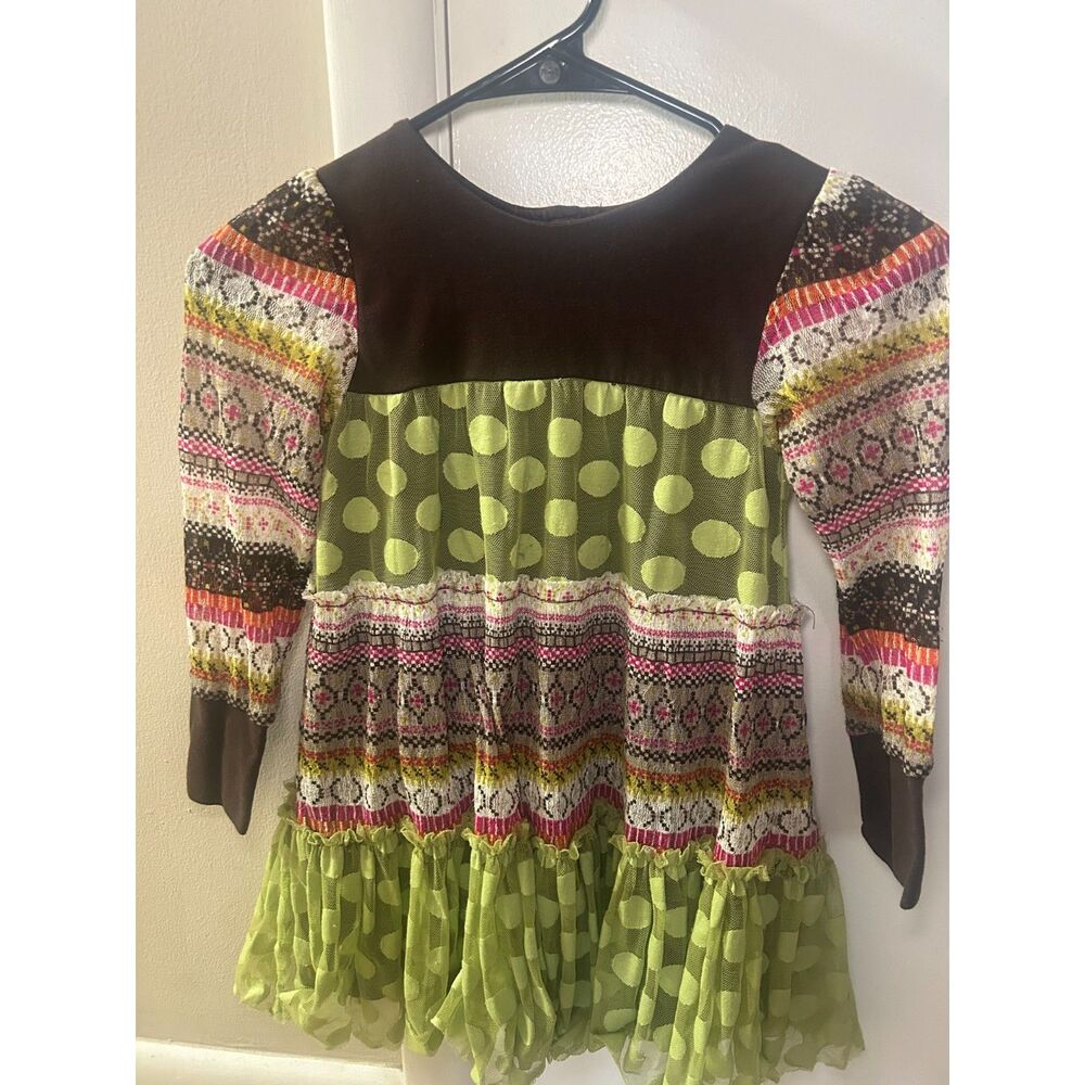 Rare Editions Girls Mixed Media Boho Dress Size 5 Polka Dot Fair Isle Tiered